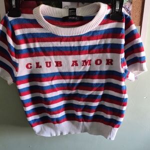 Forever 21 Red Blue White Striped 'Club Amor' Short-Sleeve Sweater